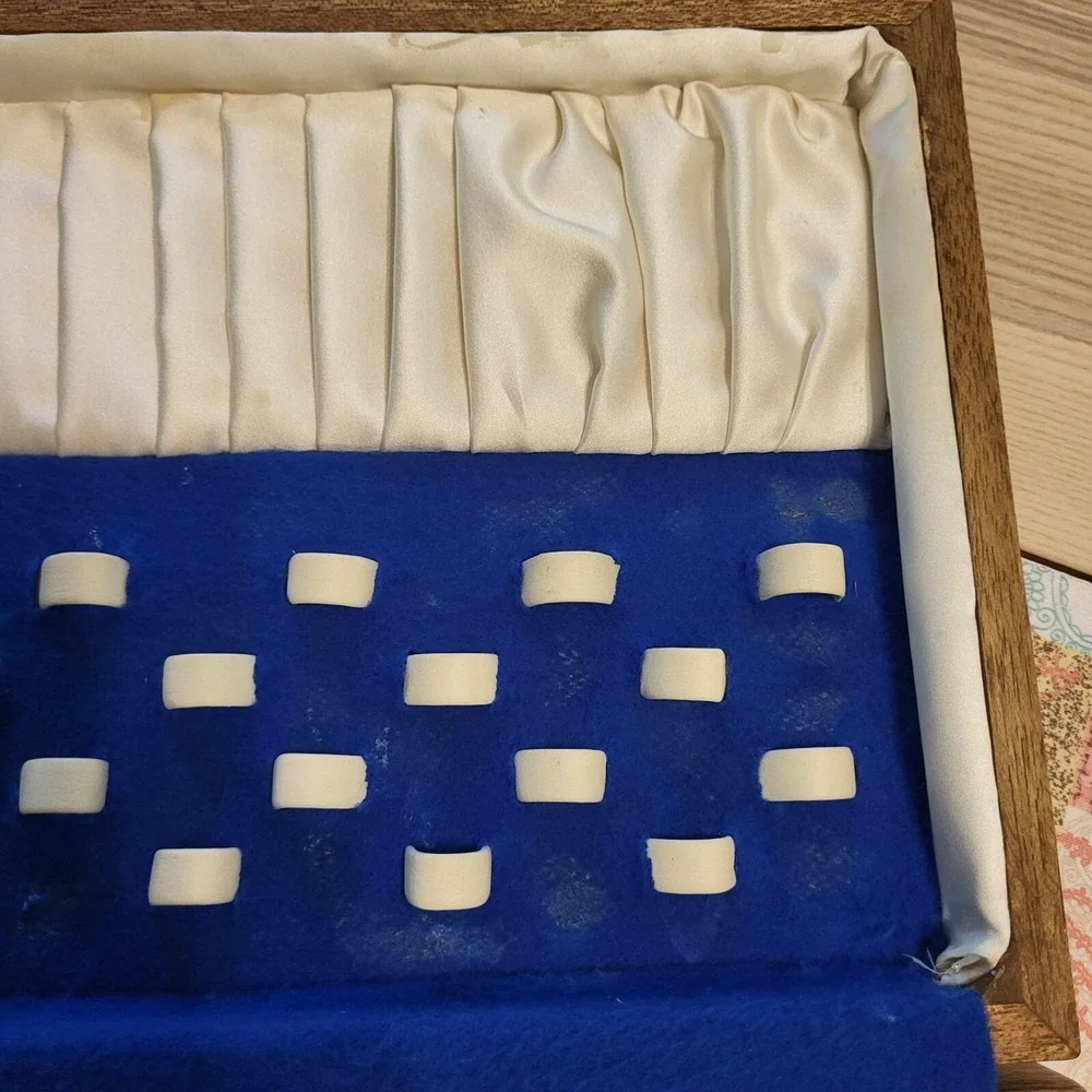 Vintage EMPTY Silverware Chest Wooden Case Blue Velvet Cream Satin Interior